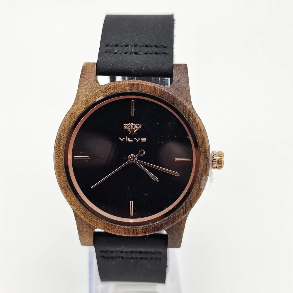 VICVS‎ Men's Wood Watch 40MM Black Dial Black Leather Bands New Battery